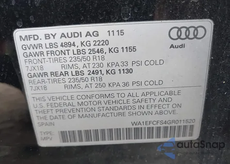 2016 Audi Q3 2.0T Premium Plus z USA, uszkodzony, nr VIN WA1EFCFS4GR011520